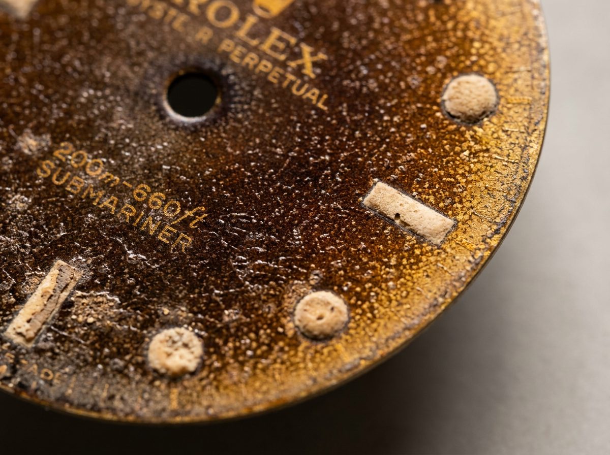 Macro of a degraded vintage tropical dial, black paint cracked into chocolate and amber
