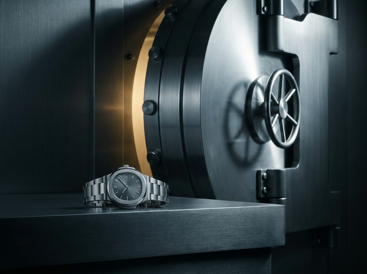 A wristwatch resting at the open door of a bank vault